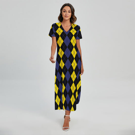 Yellow Black And Blue Argyle Print Short Sleeve Maxi Dress
