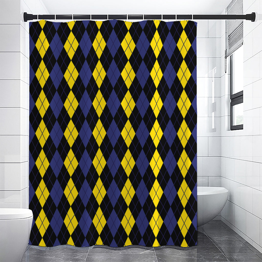 Yellow Black And Blue Argyle Print Shower Curtain