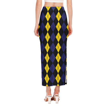 Yellow Black And Blue Argyle Print Side Slit Maxi Skirt