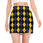 Yellow Black And Blue Argyle Print Side Slit Mini Skirt