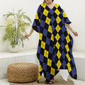 Yellow Black And Blue Argyle Print Silk V-Neck Kaftan Dress