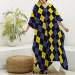Yellow Black And Blue Argyle Print Silk V-Neck Kaftan Dress