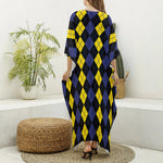 Yellow Black And Blue Argyle Print Silk V-Neck Kaftan Dress