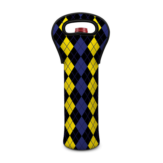 Yellow Black And Blue Argyle Print Single Neoprene Wine Tote