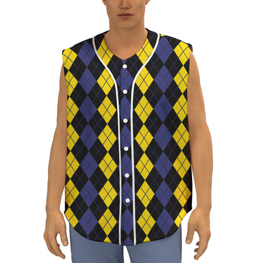 Yellow Black And Blue Argyle Print Sleeveless Baseball Jersey