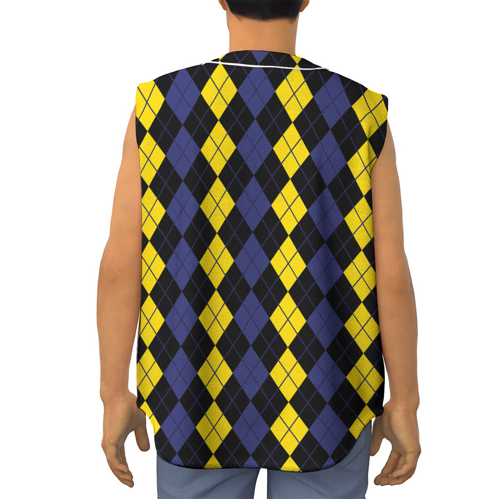 Yellow Black And Blue Argyle Print Sleeveless Baseball Jersey