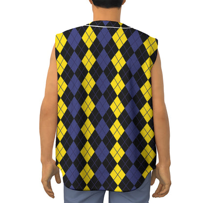 Yellow Black And Blue Argyle Print Sleeveless Baseball Jersey