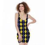 Yellow Black And Blue Argyle Print Sleeveless Bodycon Dress