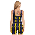 Yellow Black And Blue Argyle Print Sleeveless One Piece Swimsuit