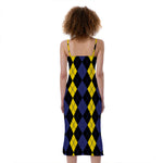Yellow Black And Blue Argyle Print Slim Fit Midi Cami Dress