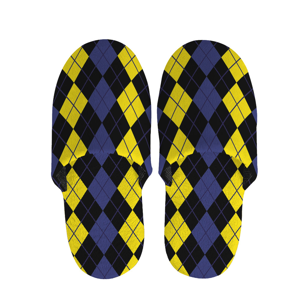 Yellow Black And Blue Argyle Print Slippers