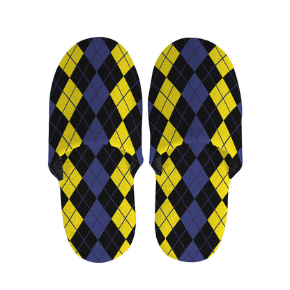 Yellow Black And Blue Argyle Print Slippers