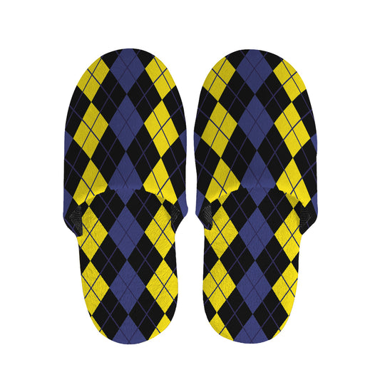 Yellow Black And Blue Argyle Print Slippers