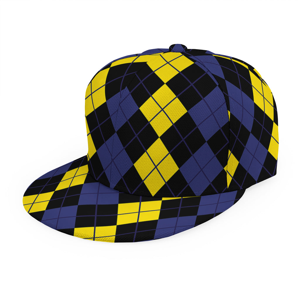 Yellow Black And Blue Argyle Print Snapback Cap