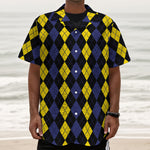 Yellow Black And Blue Argyle Print Textured Short Sleeve Shirt