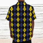 Yellow Black And Blue Argyle Print Textured Short Sleeve Shirt