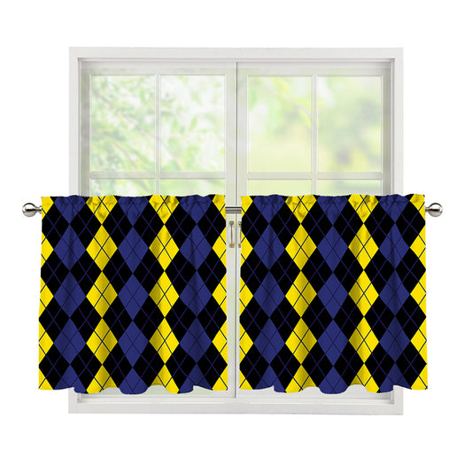 Yellow Black And Blue Argyle Print Tier Curtains
