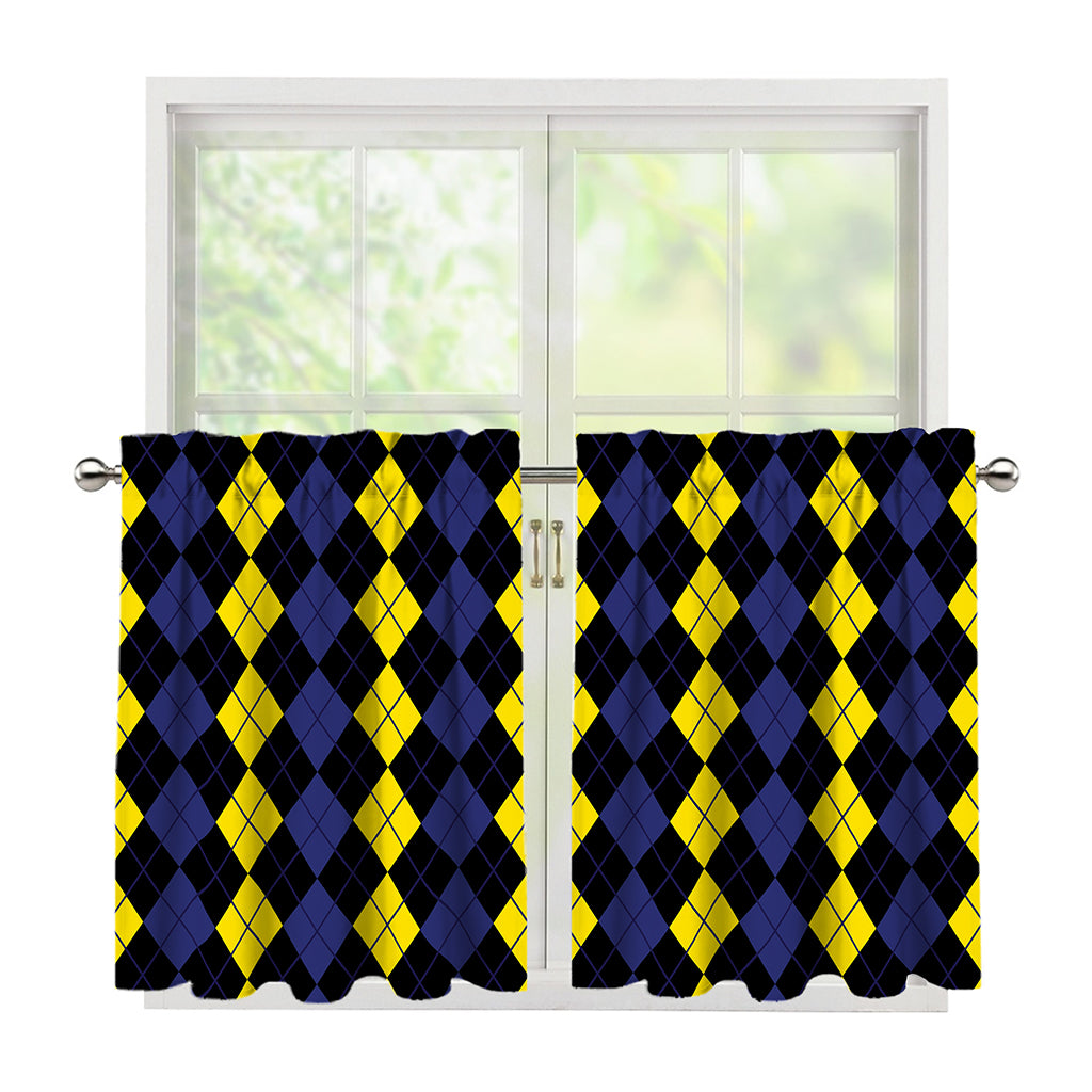 Yellow Black And Blue Argyle Print Tier Curtains