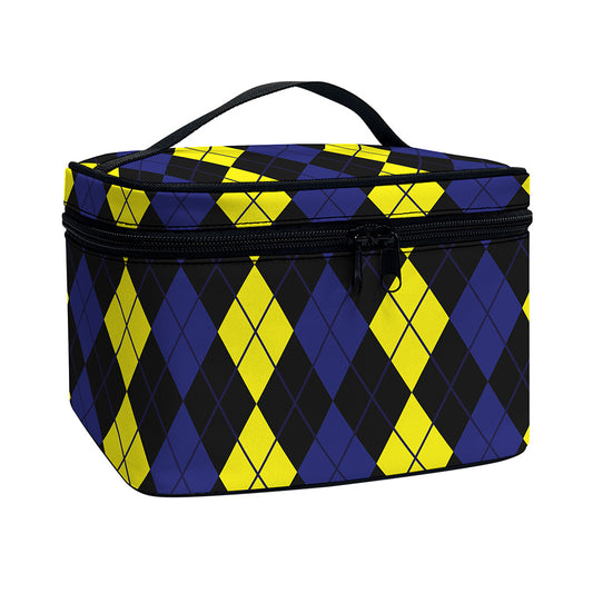Yellow Black And Blue Argyle Print Travel Makeup Bag