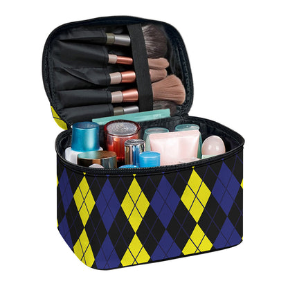 Yellow Black And Blue Argyle Print Travel Makeup Bag