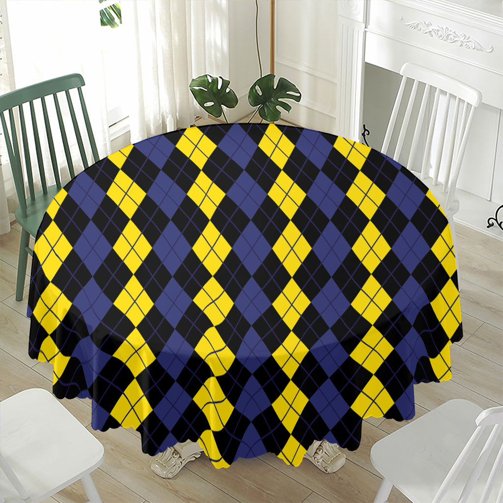 Yellow Black And Blue Argyle Print Waterproof Round Tablecloth