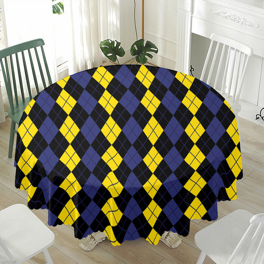 Yellow Black And Blue Argyle Print Waterproof Round Tablecloth