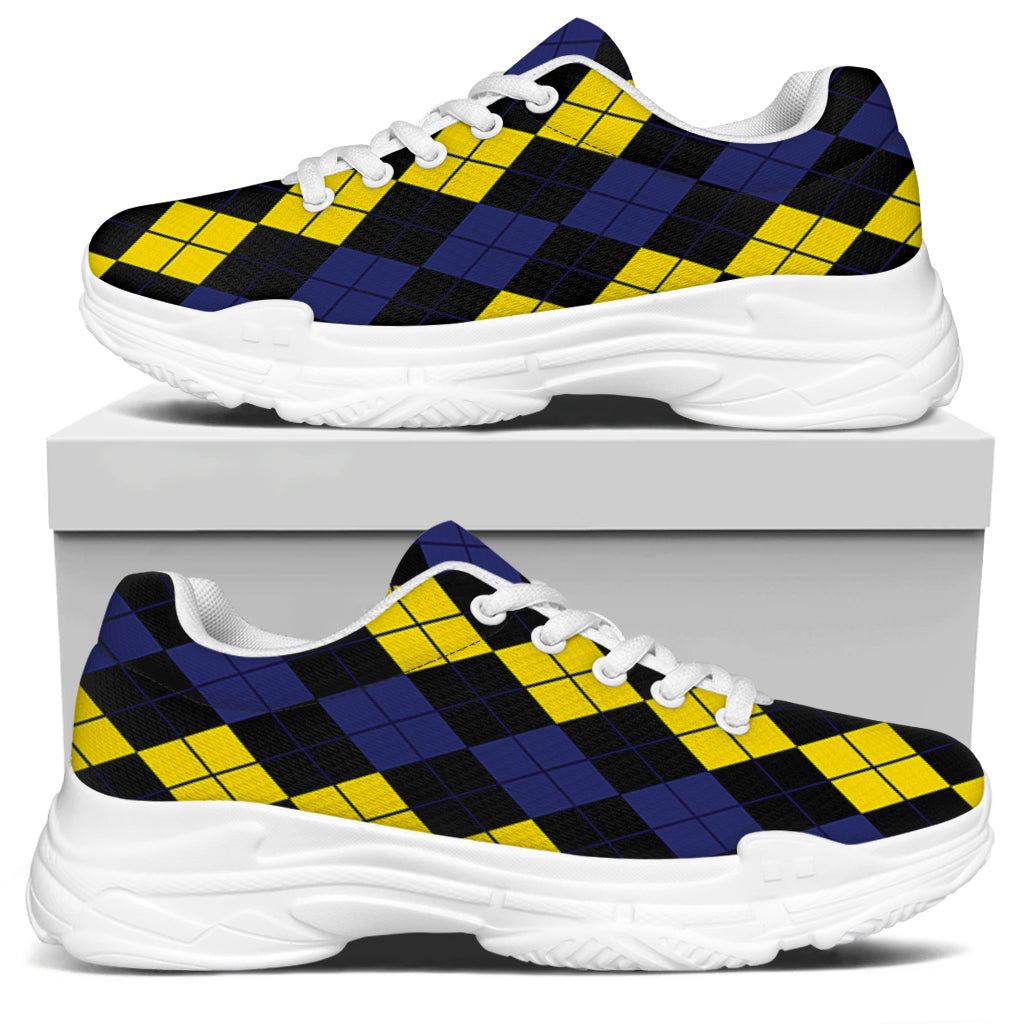 Yellow Black And Blue Argyle Print White Chunky Shoes