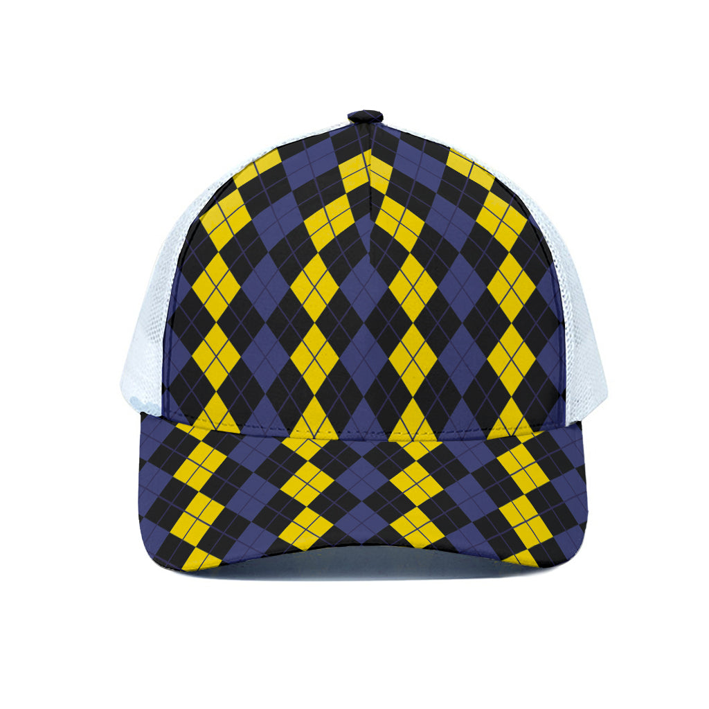 Yellow Black And Blue Argyle Print White Mesh Trucker Cap