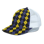 Yellow Black And Blue Argyle Print White Mesh Trucker Cap