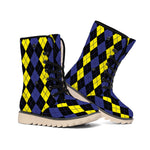 Yellow Black And Blue Argyle Print Winter Boots