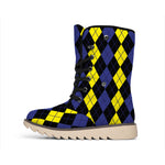 Yellow Black And Blue Argyle Print Winter Boots