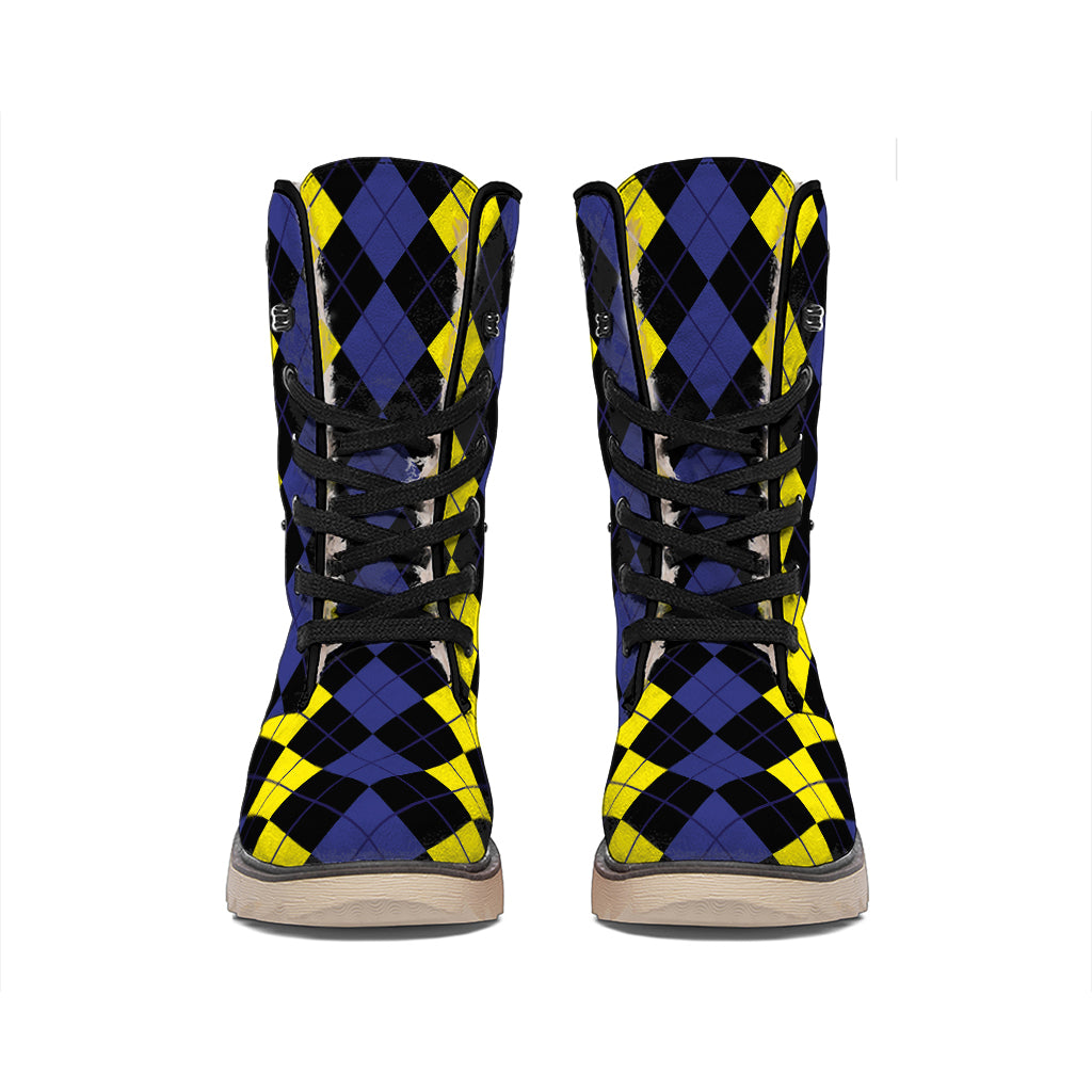 Yellow Black And Blue Argyle Print Winter Boots