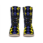 Yellow Black And Blue Argyle Print Winter Boots