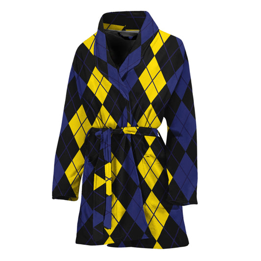Yellow Black And Blue Argyle Print Women's Bathrobe
