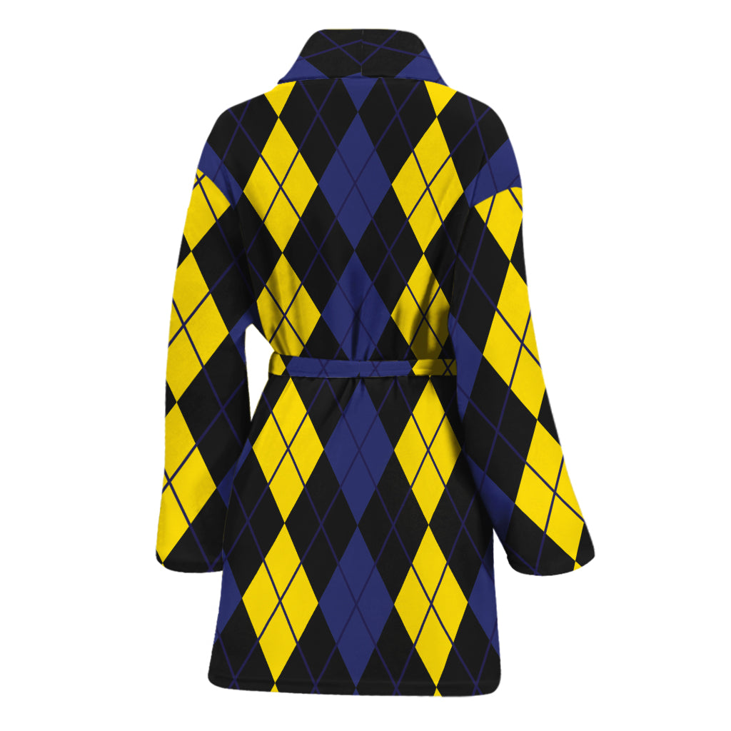 Yellow Black And Blue Argyle Print Women's Bathrobe