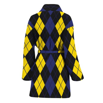 Yellow Black And Blue Argyle Print Women's Bathrobe