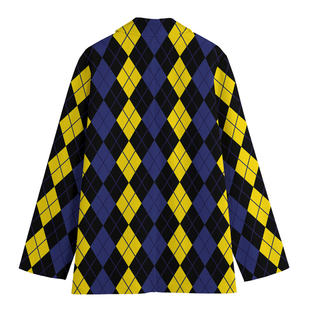 Yellow Black And Blue Argyle Print Women's Blazer