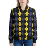 Yellow Black And Blue Argyle Print Women's Bomber Jacket