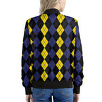 Yellow Black And Blue Argyle Print Women's Bomber Jacket