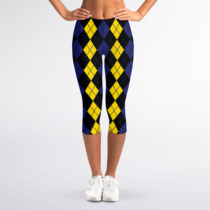Yellow Black And Blue Argyle Print Women's Capri Leggings