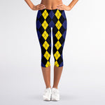 Yellow Black And Blue Argyle Print Women's Capri Leggings