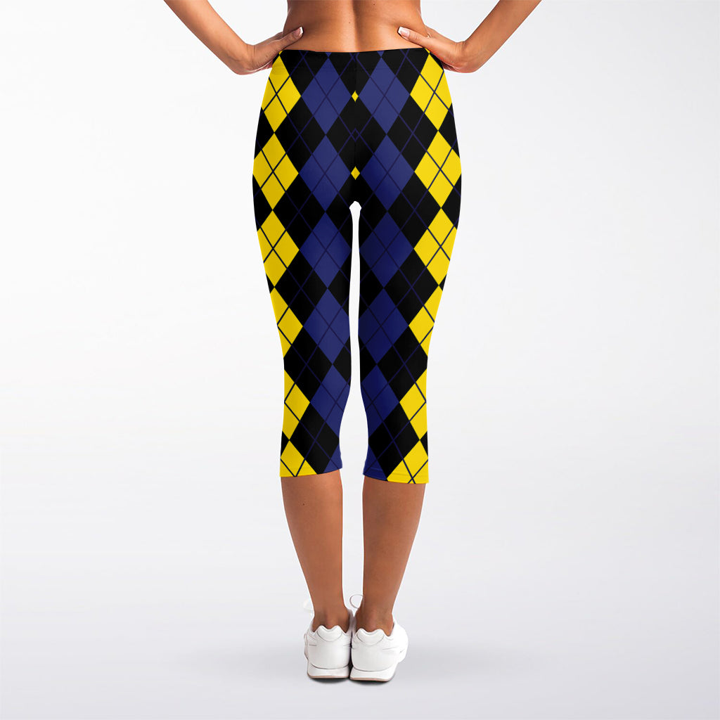 Yellow Black And Blue Argyle Print Women's Capri Leggings