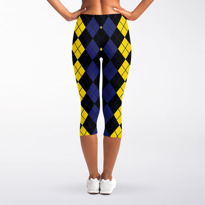 Yellow Black And Blue Argyle Print Women's Capri Leggings