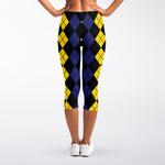 Yellow Black And Blue Argyle Print Women's Capri Leggings