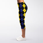 Yellow Black And Blue Argyle Print Women's Capri Leggings