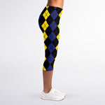 Yellow Black And Blue Argyle Print Women's Capri Leggings