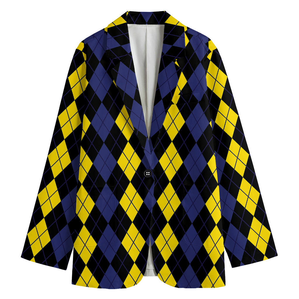 Yellow Black And Blue Argyle Print Women's Cotton Blazer