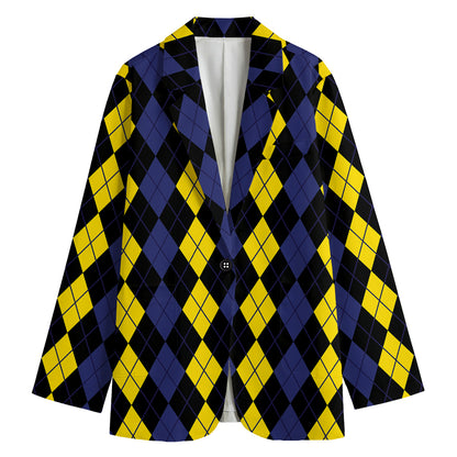 Yellow Black And Blue Argyle Print Women's Cotton Blazer