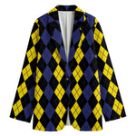 Yellow Black And Blue Argyle Print Women's Cotton Blazer