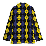 Yellow Black And Blue Argyle Print Women's Cotton Blazer